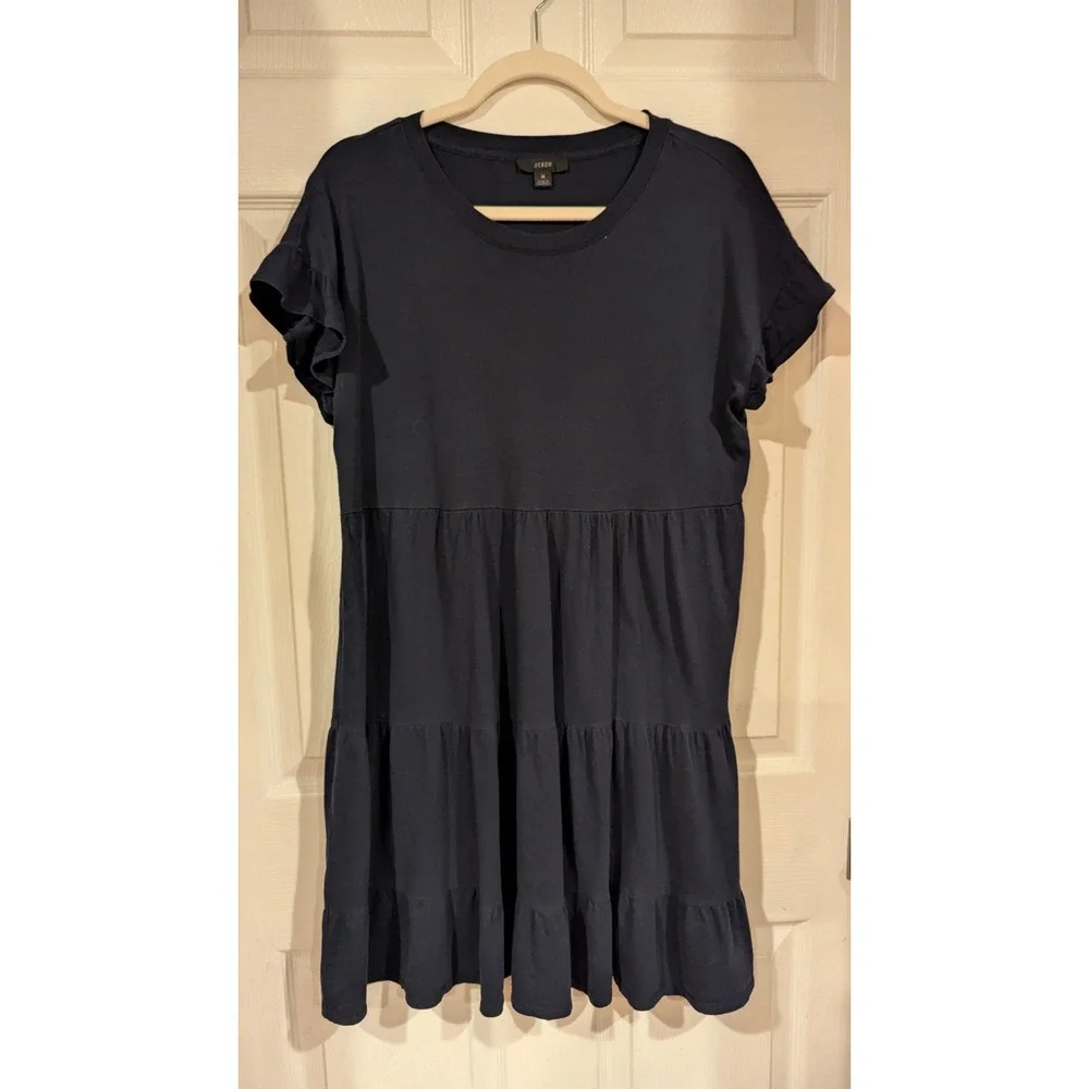 J. Crew Navy Blue Tiered Dress Short Sleeve‎ Casual Cotton Size M